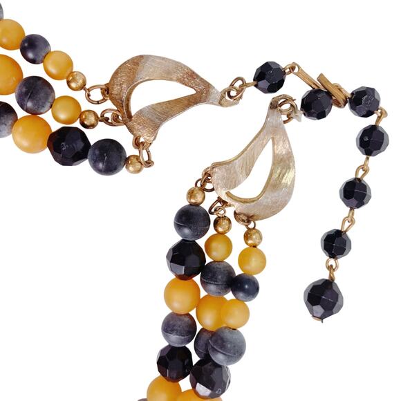 Vintage 1950s Lucite Multi Strand Necklace Black Gray Mustard Halloween Jewelry - Picture 9 of 11